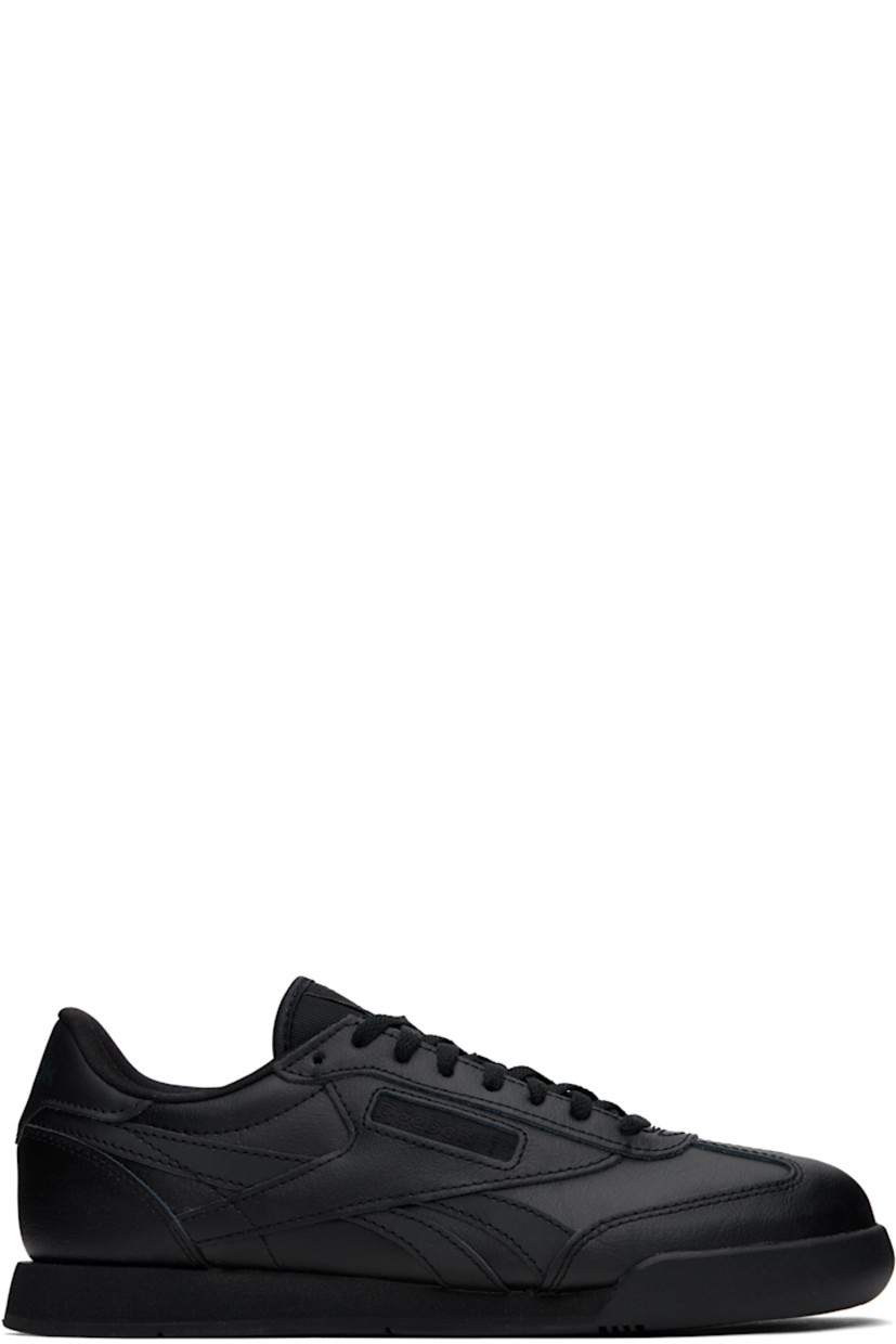 Low-top coated leather sneakers in black.

· Lace-up closure
· Logo patch at padded tongue
· Padded collar
· Inset logo patch at outer side
· Signature stripes at sides
· Logo printed at heel tab
· Jersey lining
· Treaded rubber sole

Supplier color: Black/White/Black
