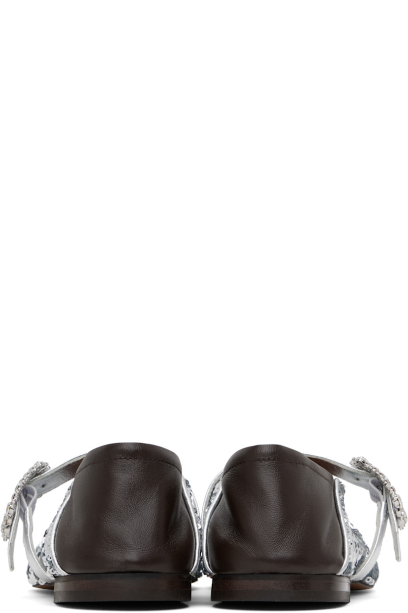 Sequinned plain-woven viscose and grained leather ballerina flats in silver tone and brown. 

· Square toe
· Adjustable crystal-cut pin-buckle strap
· Collapsible heel counter
· Suede and buffed leather lining
· Stacked leather block heel with rubber injection
· Polished leather sole

Supplier color: Silver