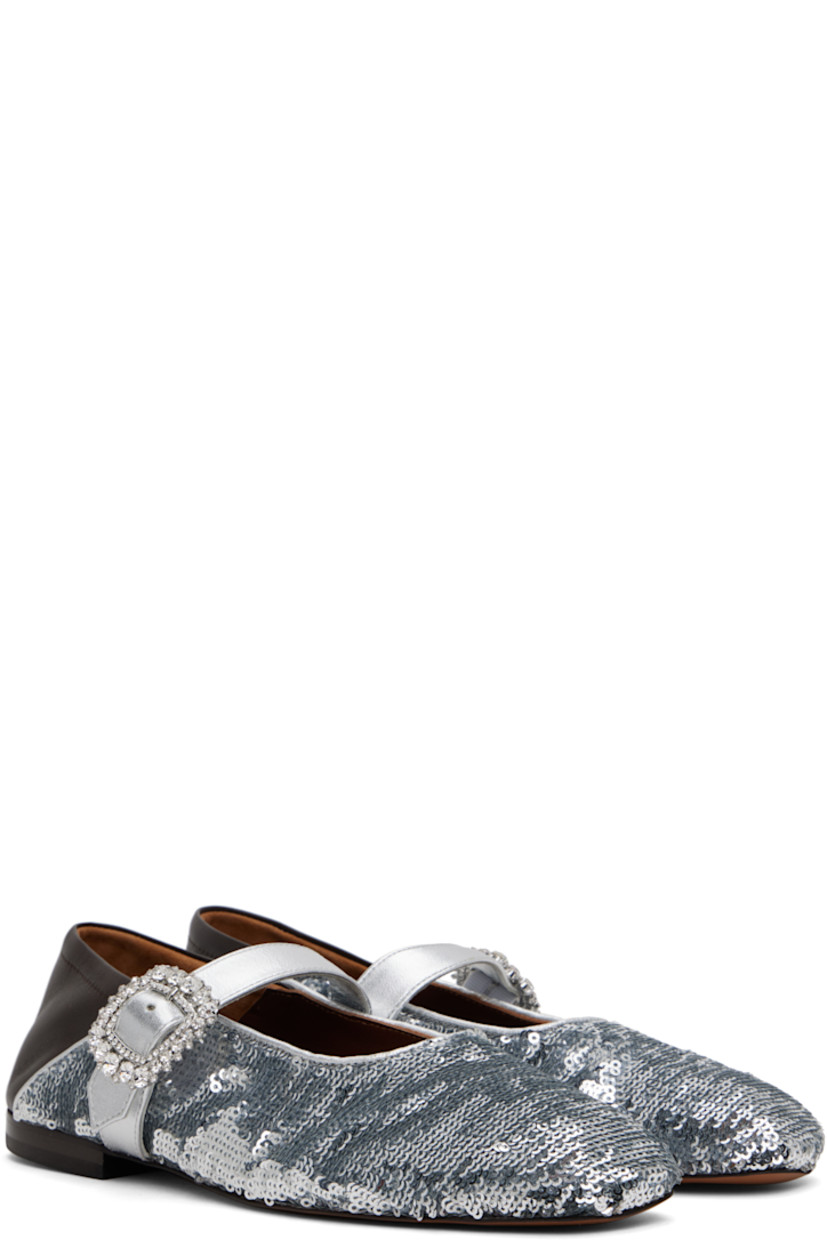 Sequinned plain-woven viscose and grained leather ballerina flats in silver tone and brown. 

· Square toe
· Adjustable crystal-cut pin-buckle strap
· Collapsible heel counter
· Suede and buffed leather lining
· Stacked leather block heel with rubber injection
· Polished leather sole

Supplier color: Silver