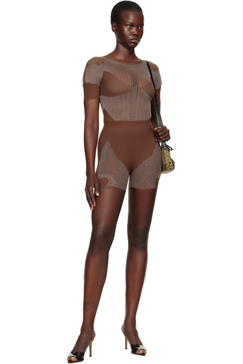 Semi-sheer stretch nylon-blend jersey and mesh bodysuit.

· Round neck
· Press-stud fastening at bottom
· Logo embroidered at shoulders and back 

Supplier color: Old Money Brown