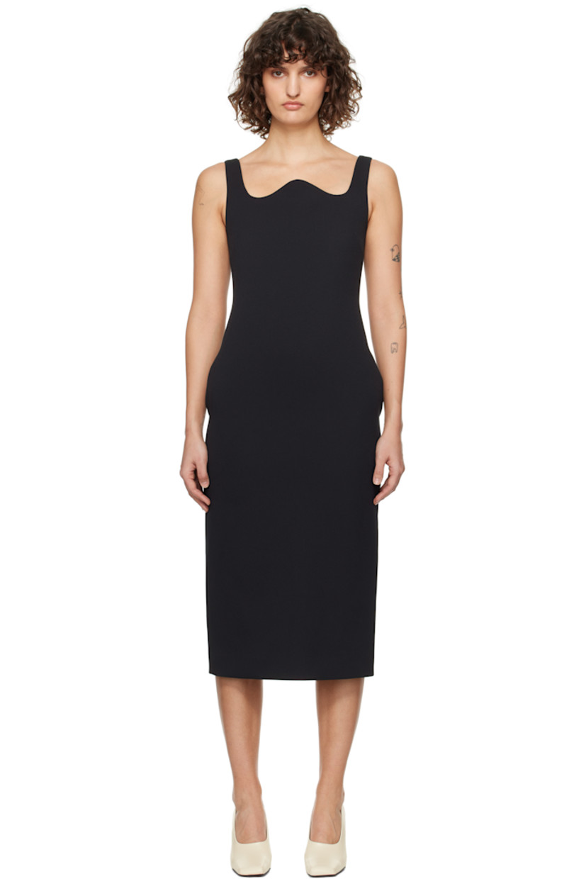 Polyester-blend twill midi dress.

· Modified scoop neck
· Darts at chest
· Seam pockets
· Concealed zip closure at back
· Princess seams at back
· Central vent at back hem
· Fully lined

Supplier color: Black