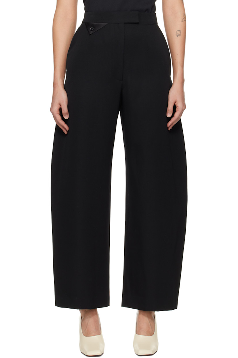 Wool barathea trousers. 

· High-rise
· Satin flag with button at front waistband
· Four-pocket styling
· Zip fly
· Curved outseams

Supplier color: Black