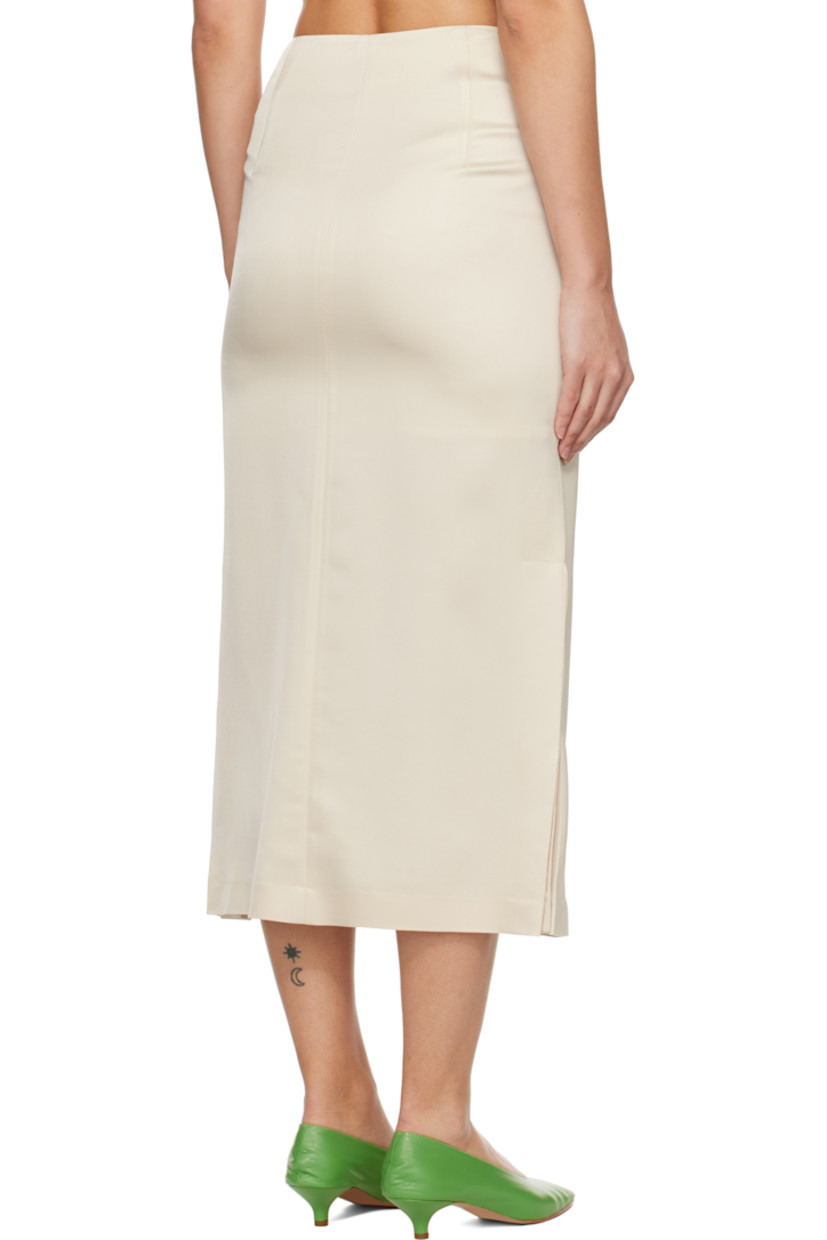 Stretch rayon- and polyester-blend sateen midi skirt. 

· Slit at front hem
· Pleats at side seams
· Concealed zip closure at side
· Darts at back waist
· Fully lined

Supplier color: Cream