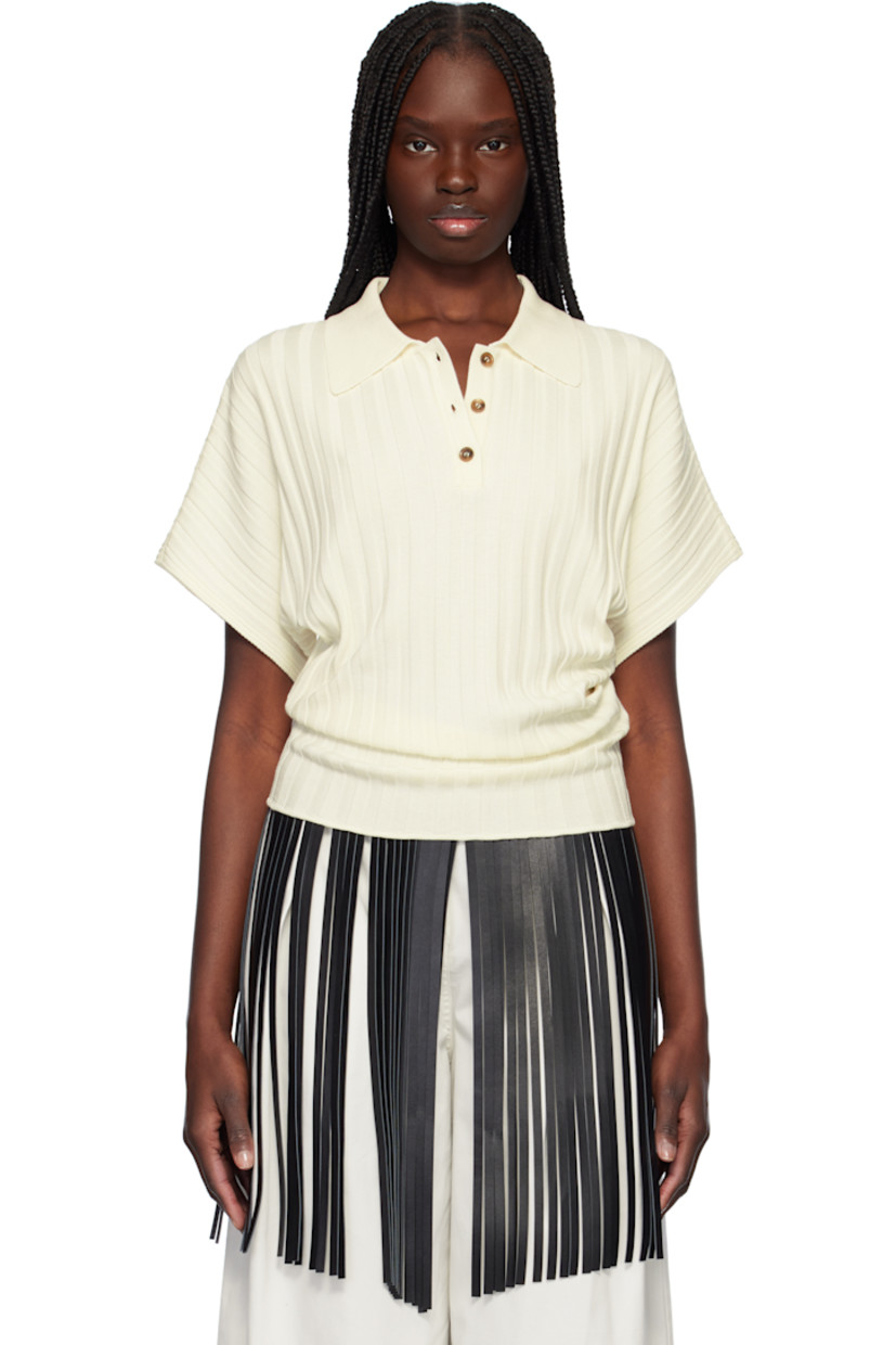 Rib-knit viscose-blend polo.

· Spread collar
· Three-button placket
· Dolman sleeves
· Horn hardware

Supplier color: Ivory