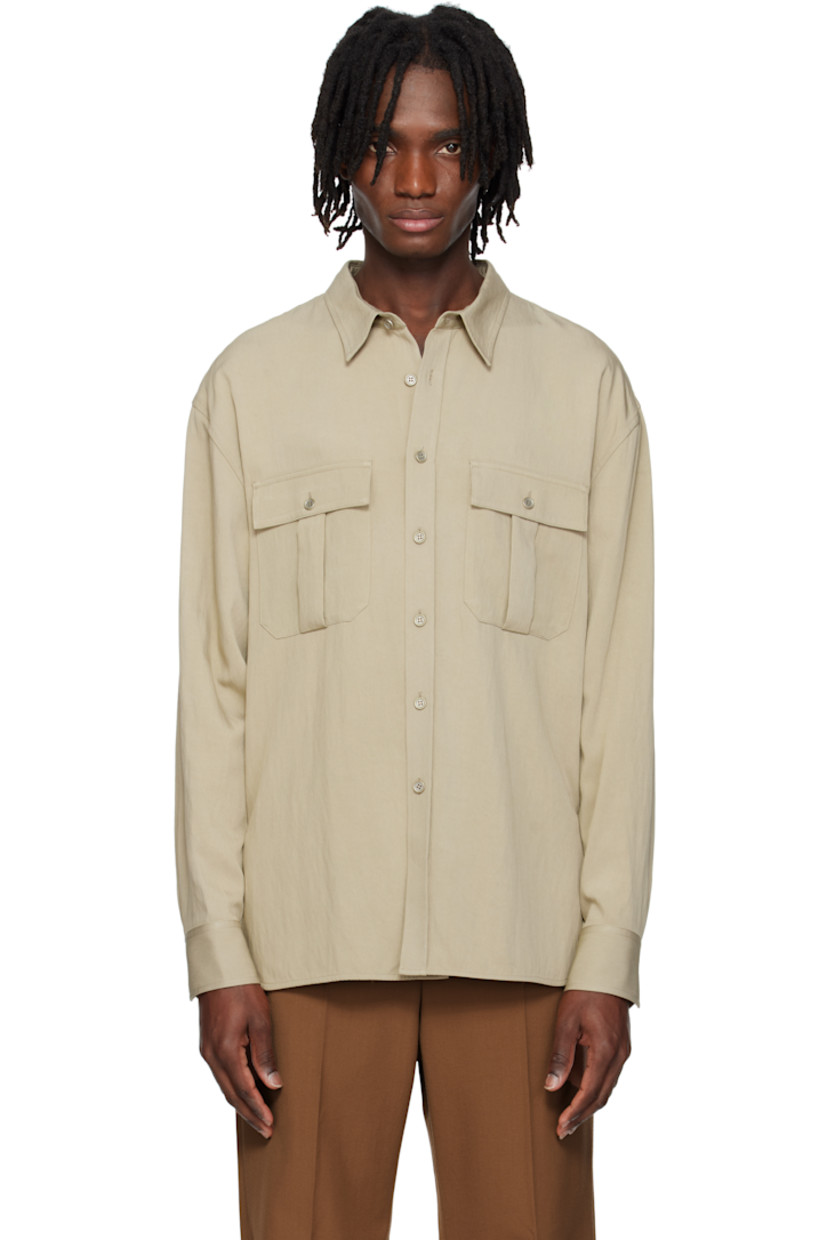 Rayon-blend twill shirt. 

· Spread collar
· Button closure
· Flap pockets
· Shirttail hem
· Pleats at buttoned barrel cuffs
· Twin pleats at back yoke

Supplier color: Greyish khaki