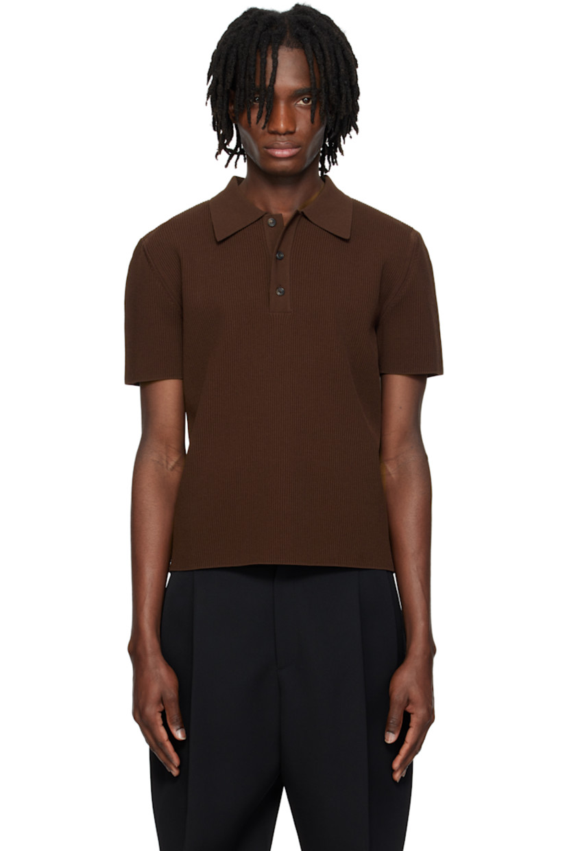 Rib-knit rayon-blend polo.

· Slim-fit
· Spread collar
· Three-button placket
· Horn hardware

Supplier color: Dark brwn