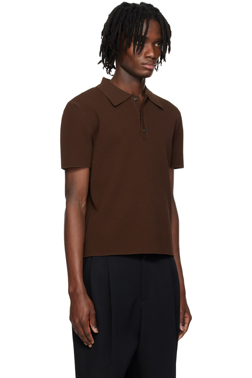 Rib-knit rayon-blend polo.

· Slim-fit
· Spread collar
· Three-button placket
· Horn hardware

Supplier color: Dark brwn
