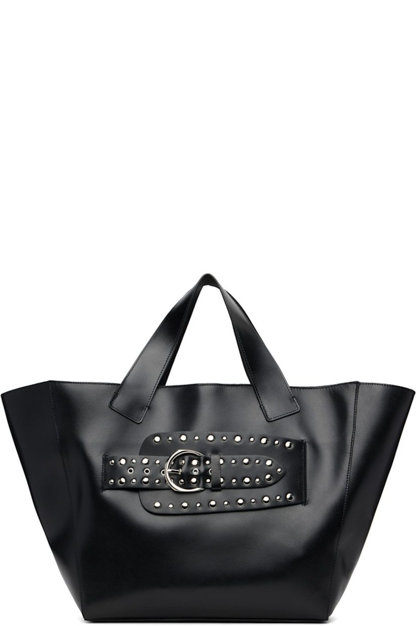 Buffed leather tote.

· Fixed carry handles
· Pin-buckle strap and studs at face
· Magnetic closure
· Patch pocket at interior
· Suede lining
· H12" x W21" x D4"

Supplier color: Black