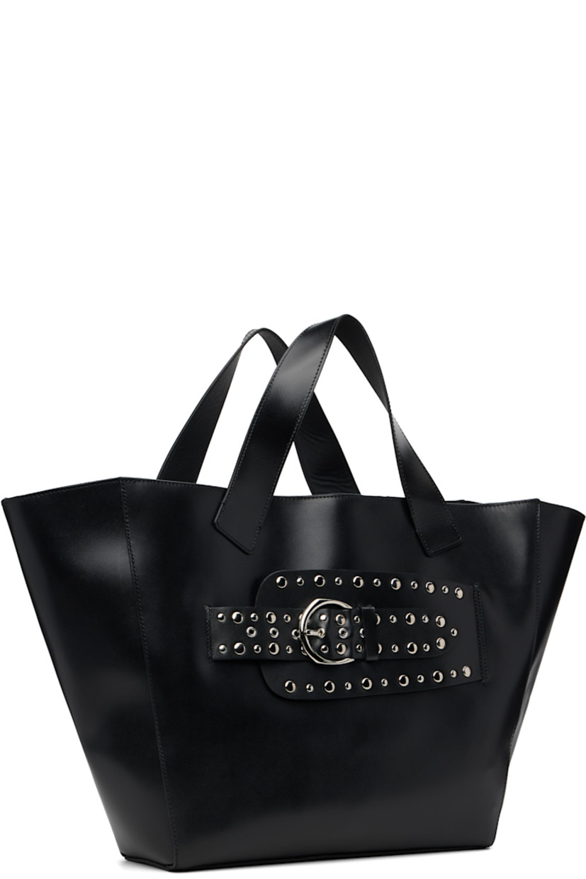 Buffed leather tote.

· Fixed carry handles
· Pin-buckle strap and studs at face
· Magnetic closure
· Patch pocket at interior
· Suede lining
· H12" x W21" x D4"

Supplier color: Black