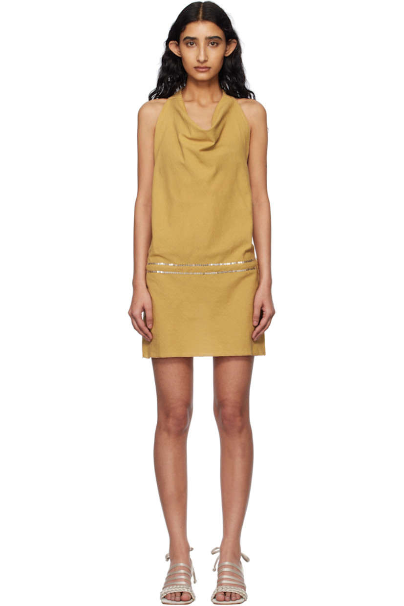 Cotton gauze minidress.

· Self-tie halter straps at cowl neck
· Sequinned stripes at front and back waist
· Tulle drawstring at side seam

Supplier color: Beige