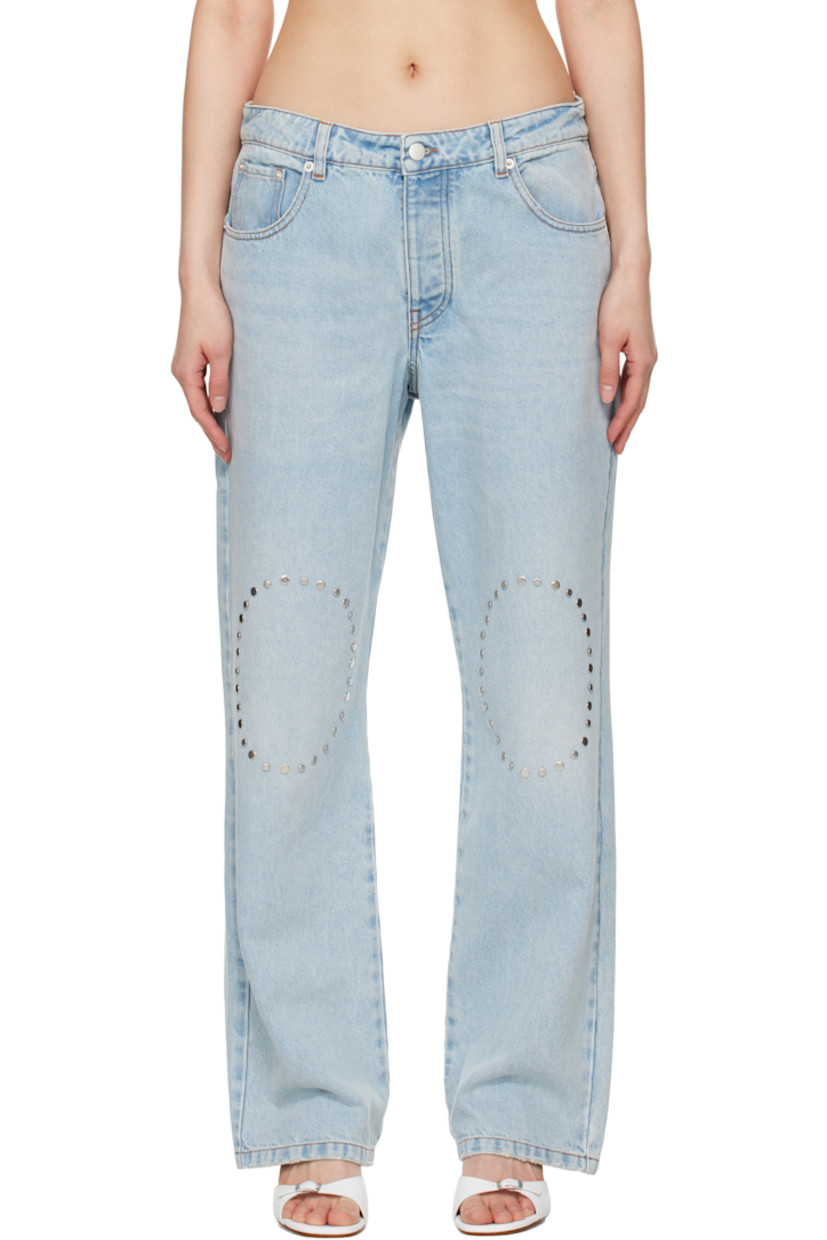 Non-stretch cotton- and lyocell-blend denim jeans. Fading and subtle distressing throughout. 

· Straight-leg
· Belt loops 
· Five-pocket styling 
· Button fly 
· Studs at knees
· Silver-tone hardware 
· Contrast stitching in tan 

Supplier color: Blue