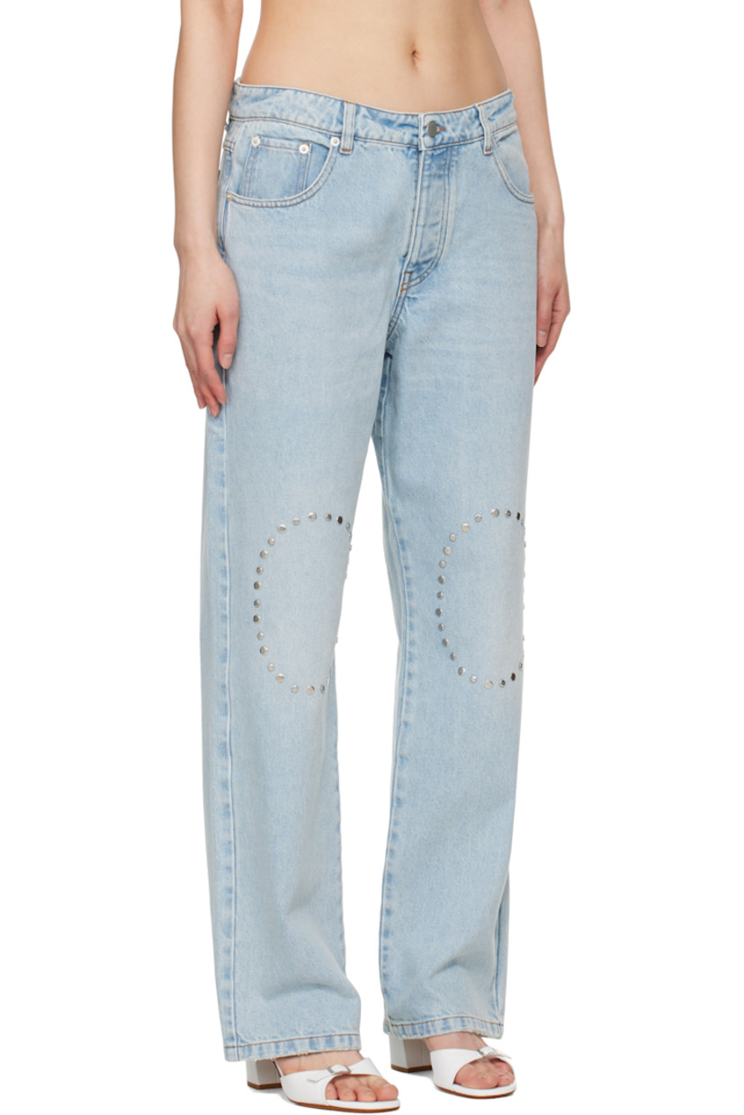 Non-stretch cotton- and lyocell-blend denim jeans. Fading and subtle distressing throughout. 

· Straight-leg
· Belt loops 
· Five-pocket styling 
· Button fly 
· Studs at knees
· Silver-tone hardware 
· Contrast stitching in tan 

Supplier color: Blue