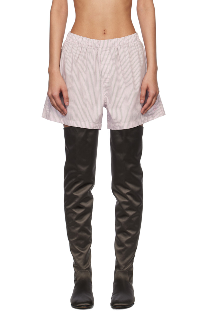 Cotton poplin shorts. Striped throughout.

· Elasticized waistband
· Button fly
· Logo embroidered at front hem 

Supplier color: Pink/Grey