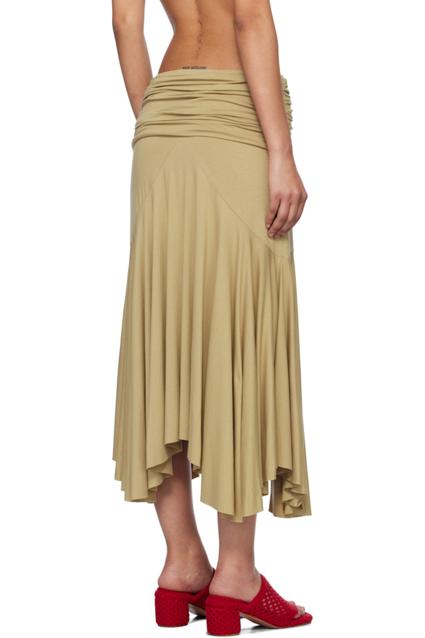 Stretch viscose jersey midi skirt. 

· Elasticized waistband
· Ruching at waist
· Raw edge at handkerchief hem

Supplier color: Beige