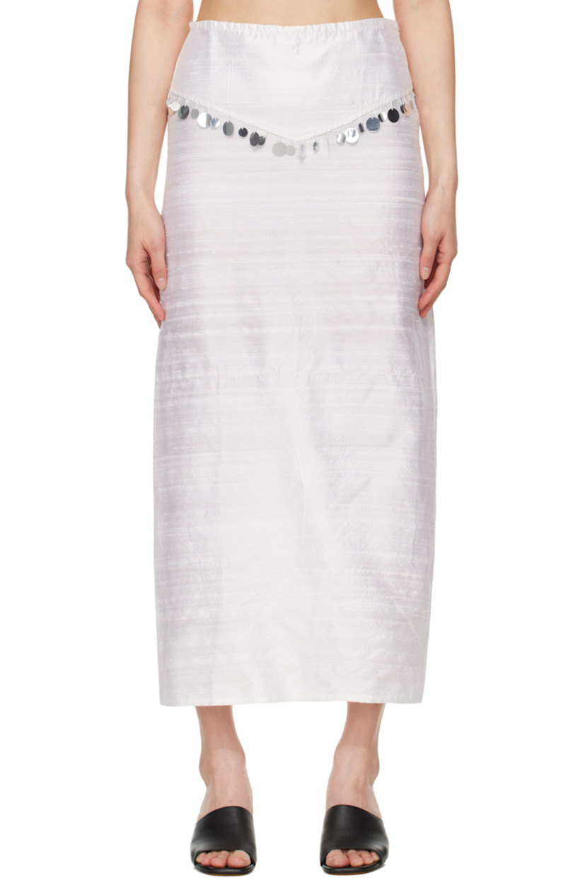 Textured plain-woven silk maxi skirt. 

· Sequins at yoke
· Concealed zip closure at side seam
· Central vent at back hem

Supplier color: White