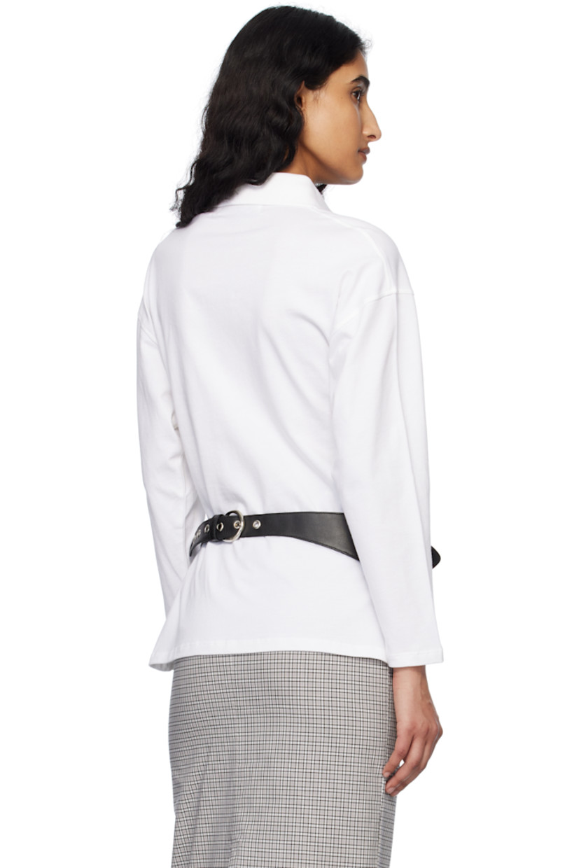 Stretch cotton piqué polo. 

· Rib-knit spread collar
· Three-button placket
· Offset pleat at front 
· Dropped shoulders

Supplier color: White