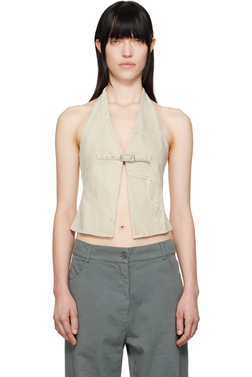 Non-stretch denim tank top. Fading throughout.

· Paneled construction
· Pin-buckle and hook-eye fastening at chest
· Welt pocket
· Fixed halter strap 

Available exclusively at SSENSE.

Supplier color: Ecru