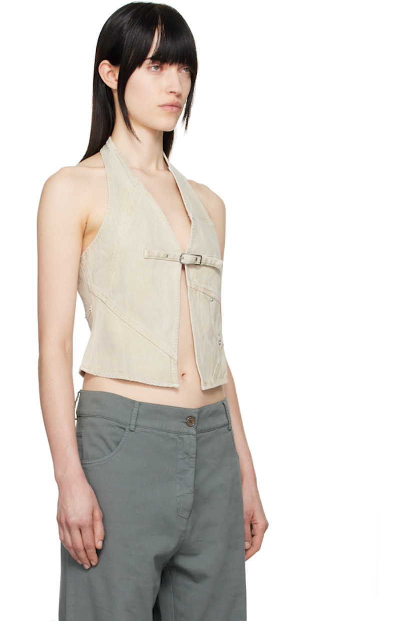 Non-stretch denim tank top. Fading throughout.

· Paneled construction
· Pin-buckle and hook-eye fastening at chest
· Welt pocket
· Fixed halter strap 

Available exclusively at SSENSE.

Supplier color: Ecru