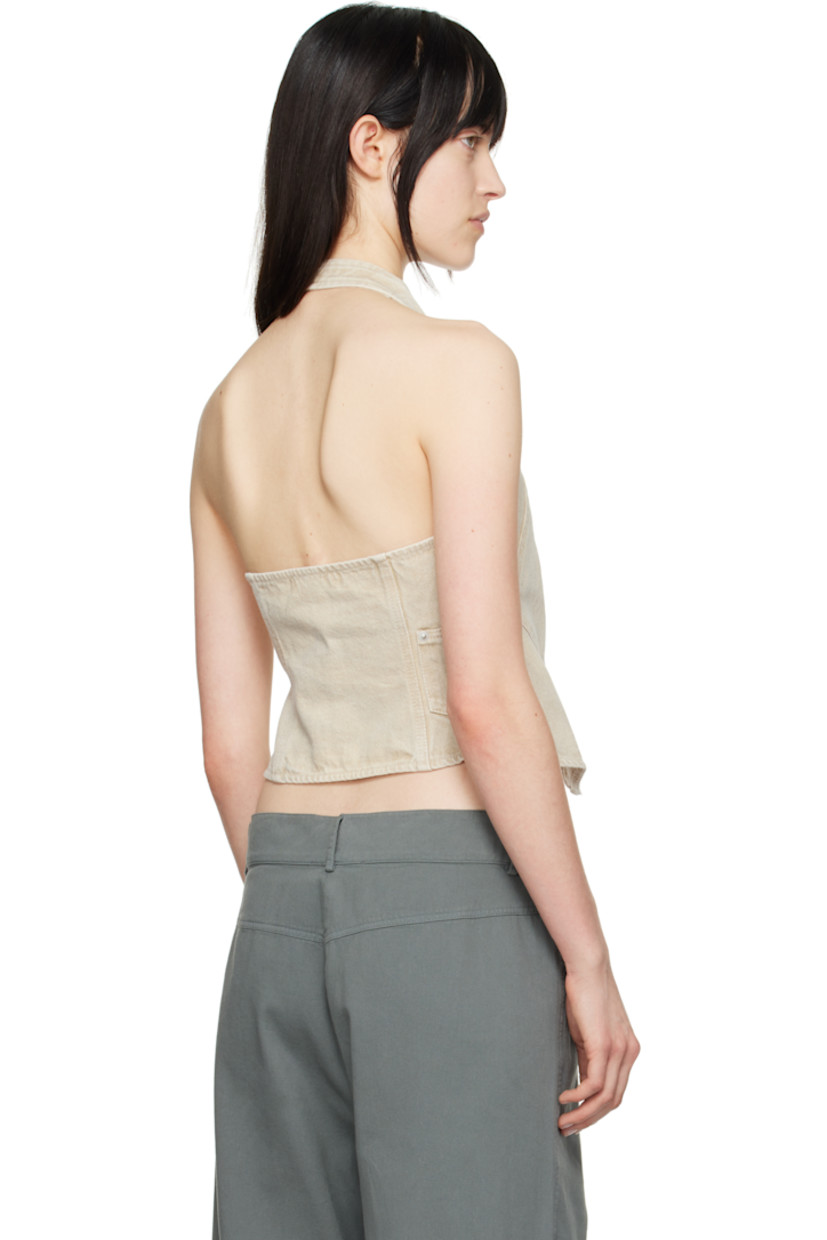 Non-stretch denim tank top. Fading throughout.

· Paneled construction
· Pin-buckle and hook-eye fastening at chest
· Welt pocket
· Fixed halter strap 

Available exclusively at SSENSE.

Supplier color: Ecru