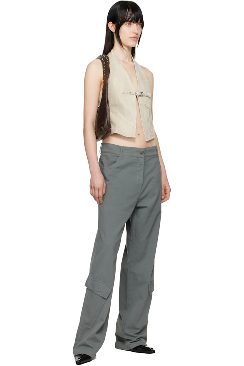 Non-stretch denim tank top. Fading throughout.

· Paneled construction
· Pin-buckle and hook-eye fastening at chest
· Welt pocket
· Fixed halter strap 

Available exclusively at SSENSE.

Supplier color: Ecru