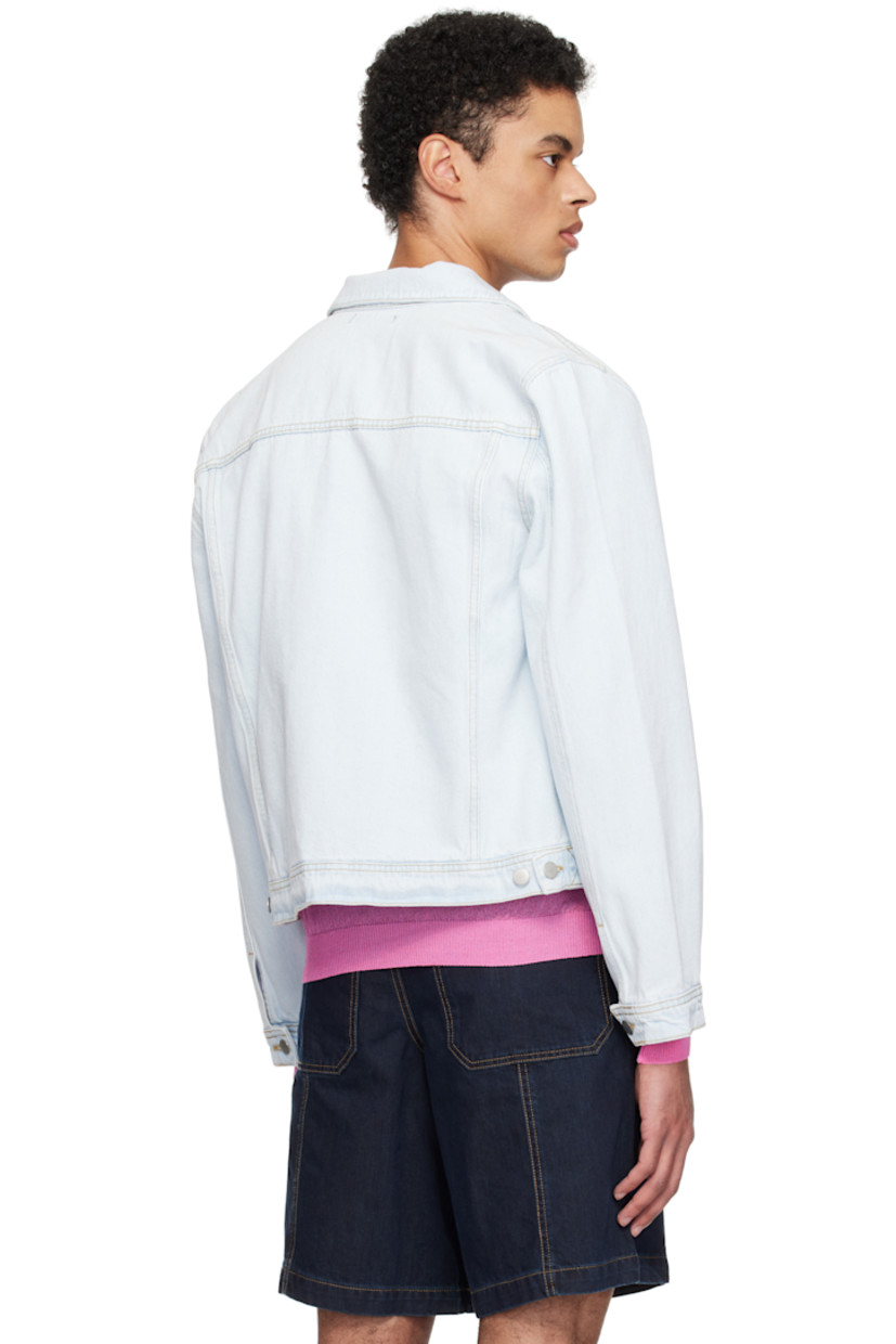 Non-stretch denim jacket.

· Spread collar
· Zip closure
· Welt pockets
· Pleats and adjustable button tab at cuffs
· Adjustable button tabs at back hem
· Contrast stitching in tan

Supplier color: Washed blue