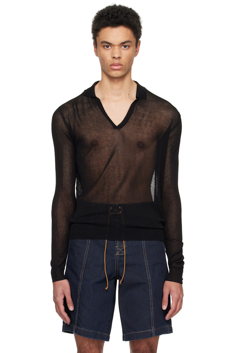 Sheer knit viscose-blend polo.

· Spread collar
· Open placket
· Rib-knit hem and cuffs

Supplier color: Black