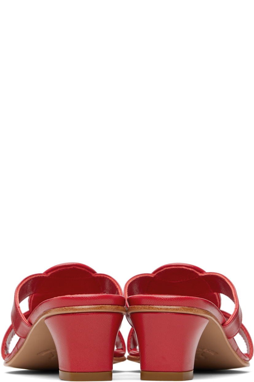 Buffed kidskin heeled sandals.

· Open toe
· Straps at vamp
· Logo embossed at padded footbed
· Covered heel with rubber injection
· Smooth leather sole
· Heel: H1.75"

Supplier color: Red