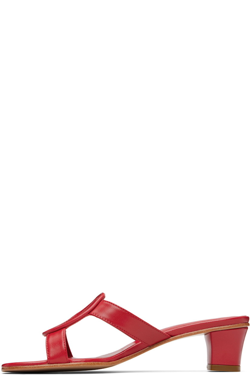 Buffed kidskin heeled sandals.

· Open toe
· Straps at vamp
· Logo embossed at padded footbed
· Covered heel with rubber injection
· Smooth leather sole
· Heel: H1.75"

Supplier color: Red