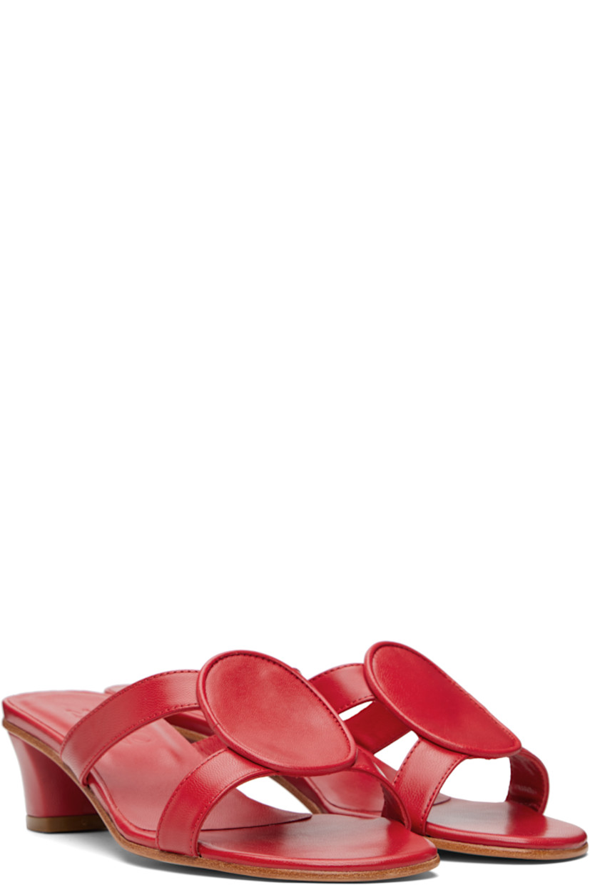 Buffed kidskin heeled sandals.

· Open toe
· Straps at vamp
· Logo embossed at padded footbed
· Covered heel with rubber injection
· Smooth leather sole
· Heel: H1.75"

Supplier color: Red