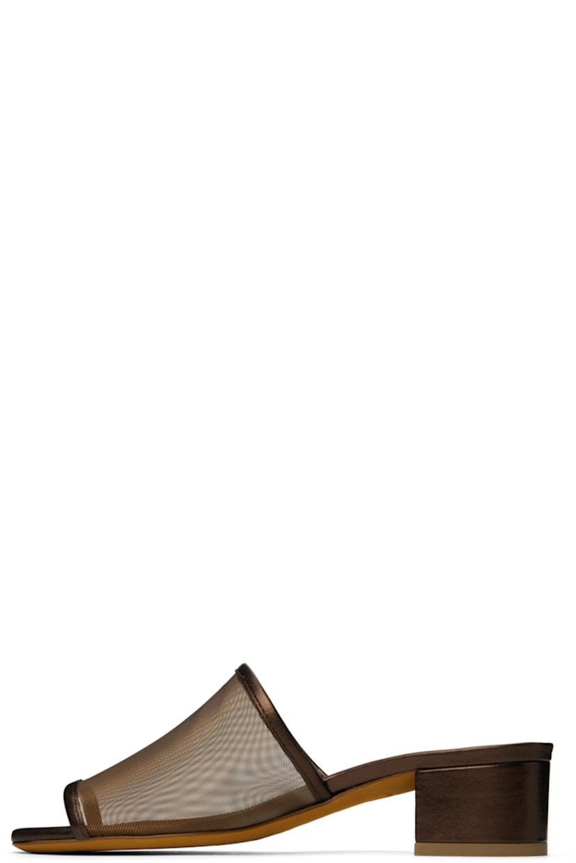Sheer mesh and buffed leather heeled sandals in brown.

· Open square toe
· Logo embossed at padded leather footbed
· Covered block heel with rubber injection
· Nubuck sole
· Heel: H1.5"

Supplier color: Penny metallic