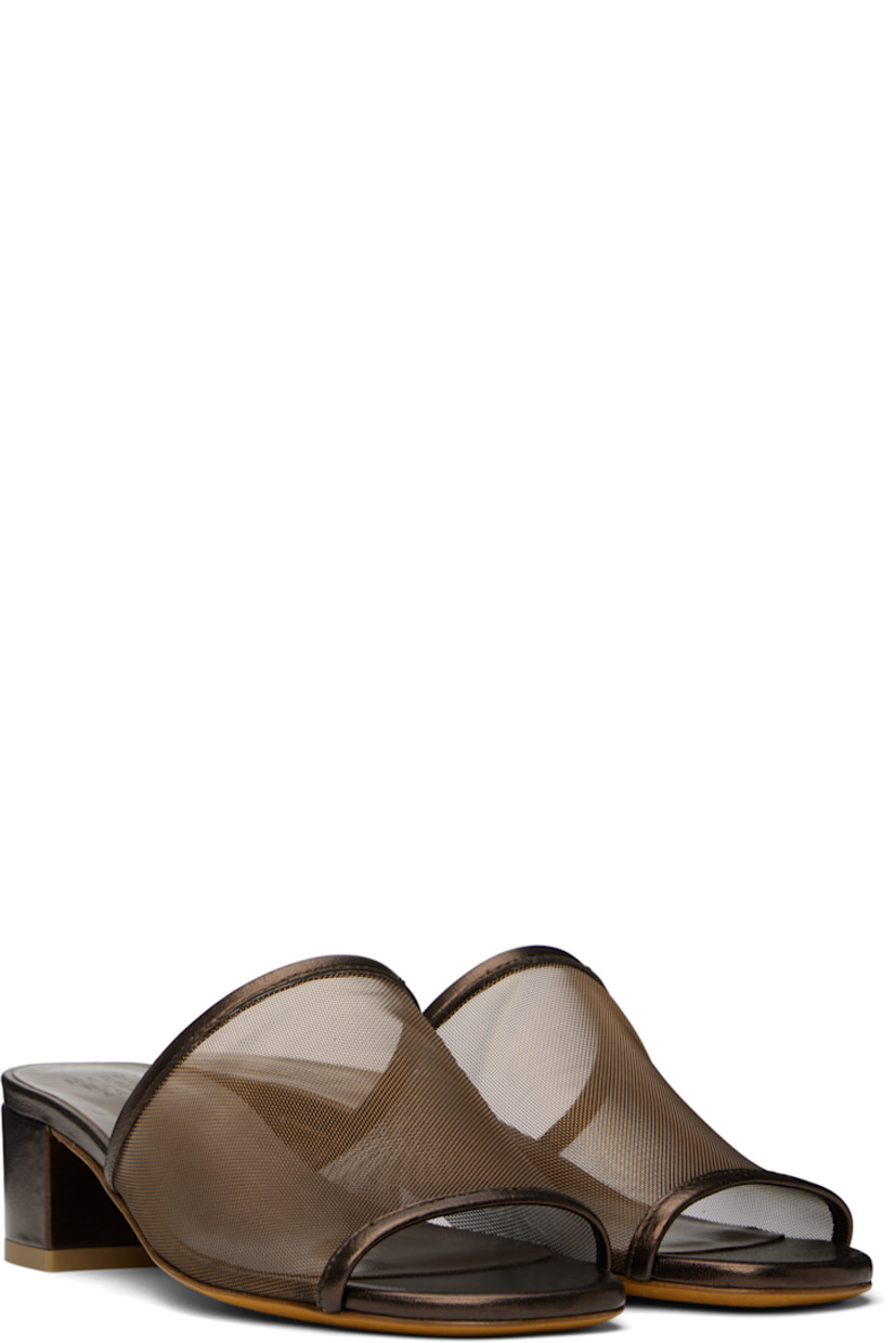 Sheer mesh and buffed leather heeled sandals in brown.

· Open square toe
· Logo embossed at padded leather footbed
· Covered block heel with rubber injection
· Nubuck sole
· Heel: H1.5"

Supplier color: Penny metallic