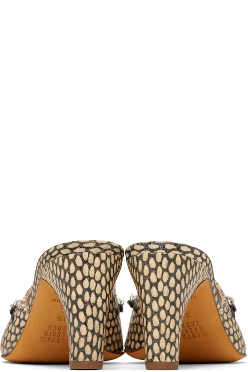Snake-embossed calfskin sandals in beige.

· Open toe
· Curb chain appliqué at vamp
· Logo embossed at padded leather footbed
· Covered stiletto heel with rubber injection
· Nubuck sole
· Heel: H2.75"

Supplier color: Cape cobra