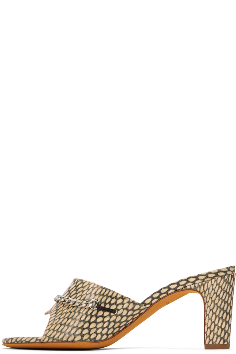 Snake-embossed calfskin sandals in beige.

· Open toe
· Curb chain appliqué at vamp
· Logo embossed at padded leather footbed
· Covered stiletto heel with rubber injection
· Nubuck sole
· Heel: H2.75"

Supplier color: Cape cobra