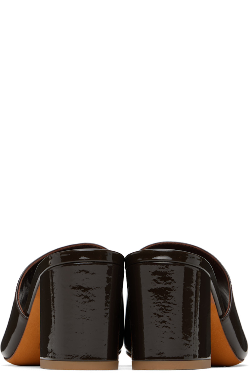 Patent calfskin heeled sandals in brown.

· Open toe
· Logo embossed at padded leather footbed
· Covered block heel with rubber injection
· Nubuck sole
· Heel: H2.5"

Supplier color: Carob