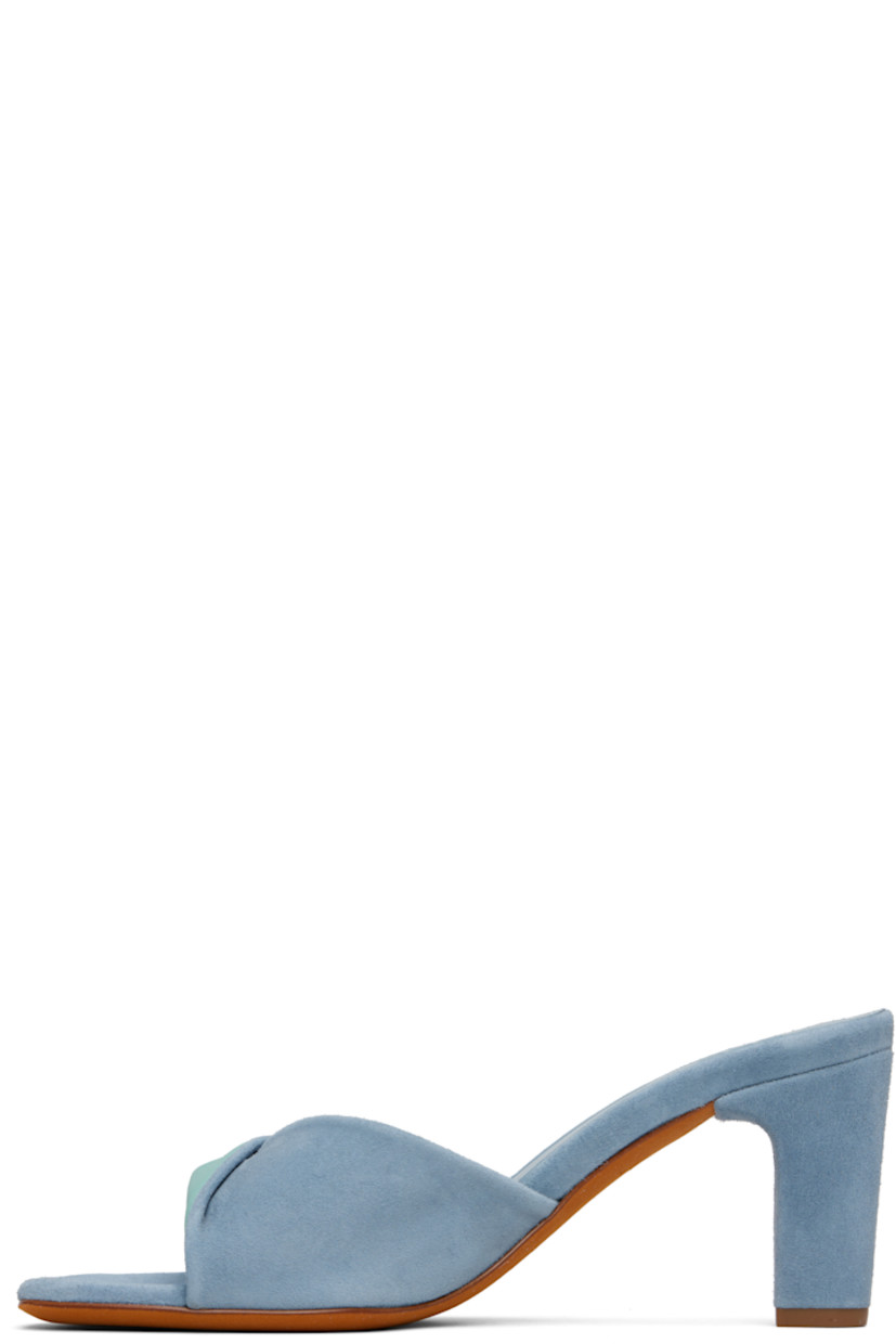Grained calfskin and suede heeled sandals. 

· Open square toe 
· Twisted detailing at vamp
· Covered block heel with rubber injection
· Suede sole 
· Heel: H3"

Supplier color: Ice calf