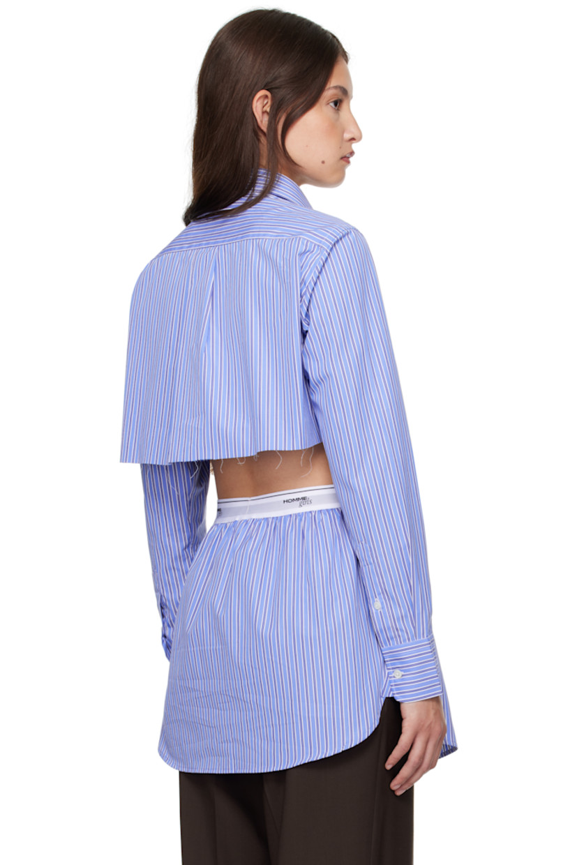 Cotton poplin shirt. Stripes throughout.

· Spread collar
· Button closure
· Logo embroidered at front hem
· Raw edge at hem
· Adjustable single-button barrel cuffs
· Box pleat at back yoke

Supplier color: Bold blue stripe