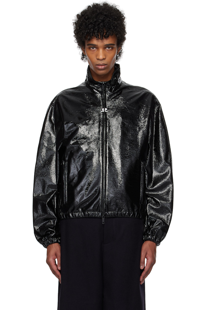 Lightweight stretch crinkled vinyl bomber jacket.

· Stand collar 
· Two-way zip closure
· Zip pockets
· Elasticized hem and cuffs 
· Logo flag at side seam
· Seam pocket at interior
· Satin lining

Supplier color: Black