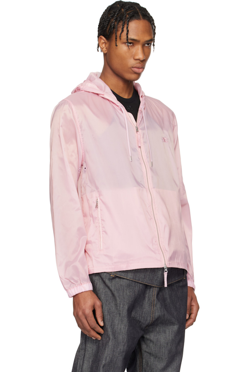 Semi-sheer nylon sateen jacket. Belt loop and semi-detachable press-stud belt at back hem.

· Drawstring at hood
· Two-way zip closure
· Logo embroidered at chest
· Zip pockets
· Eyelets at armscyes
· Elasticized cuffs
· Extended loop with embroidered logo at back collar
· Unlined

Supplier color: Salt pink