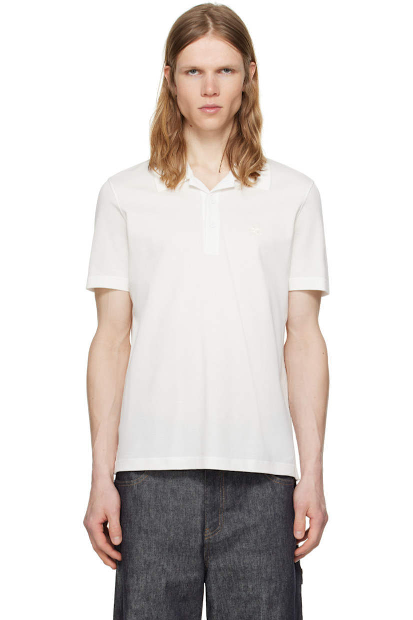 Cotton piqué polo.

· Rib-knit spread collar
· Three-button placket
· Embroidered logo patch at chest
· Tennis-tail hem
· Extended loop with embroidered logo at back collar

Supplier color: White