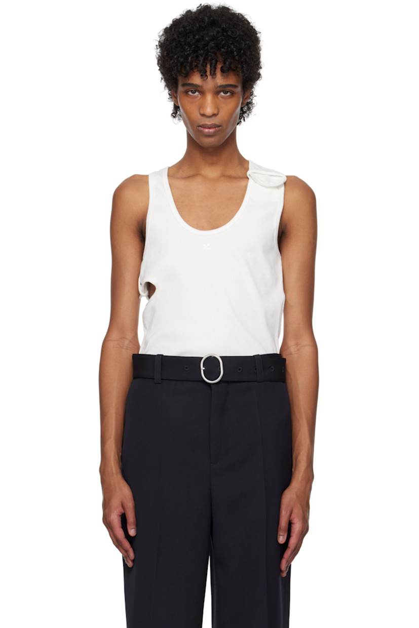 Rib-knit stretch cotton tank top.

· Scoop neck
· Logo embroidered at chest
· Button fastening at front and side
· Cutout at side
· Racerback

Supplier color: Heritage white
