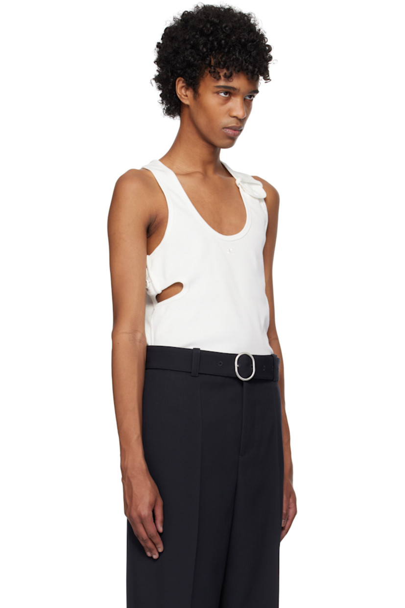 Rib-knit stretch cotton tank top.

· Scoop neck
· Logo embroidered at chest
· Button fastening at front and side
· Cutout at side
· Racerback

Supplier color: Heritage white