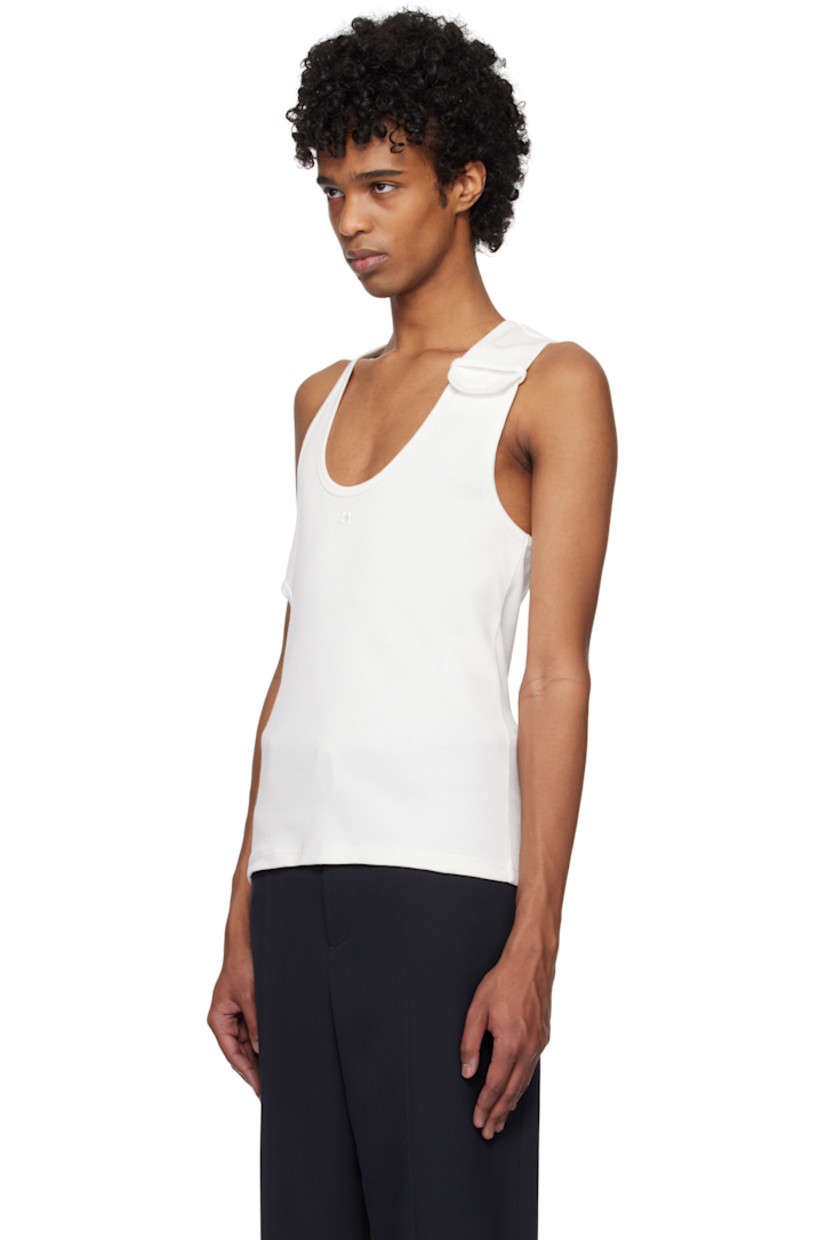 Rib-knit stretch cotton tank top.

· Scoop neck
· Logo embroidered at chest
· Button fastening at front and side
· Cutout at side
· Racerback

Supplier color: Heritage white