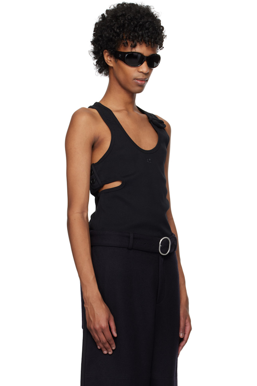 Rib-knit stretch cotton tank top.

· Scoop neck
· Logo embroidered at chest
· Button fastening at front and side
· Cutout at side
· Racerback

Supplier color: Black