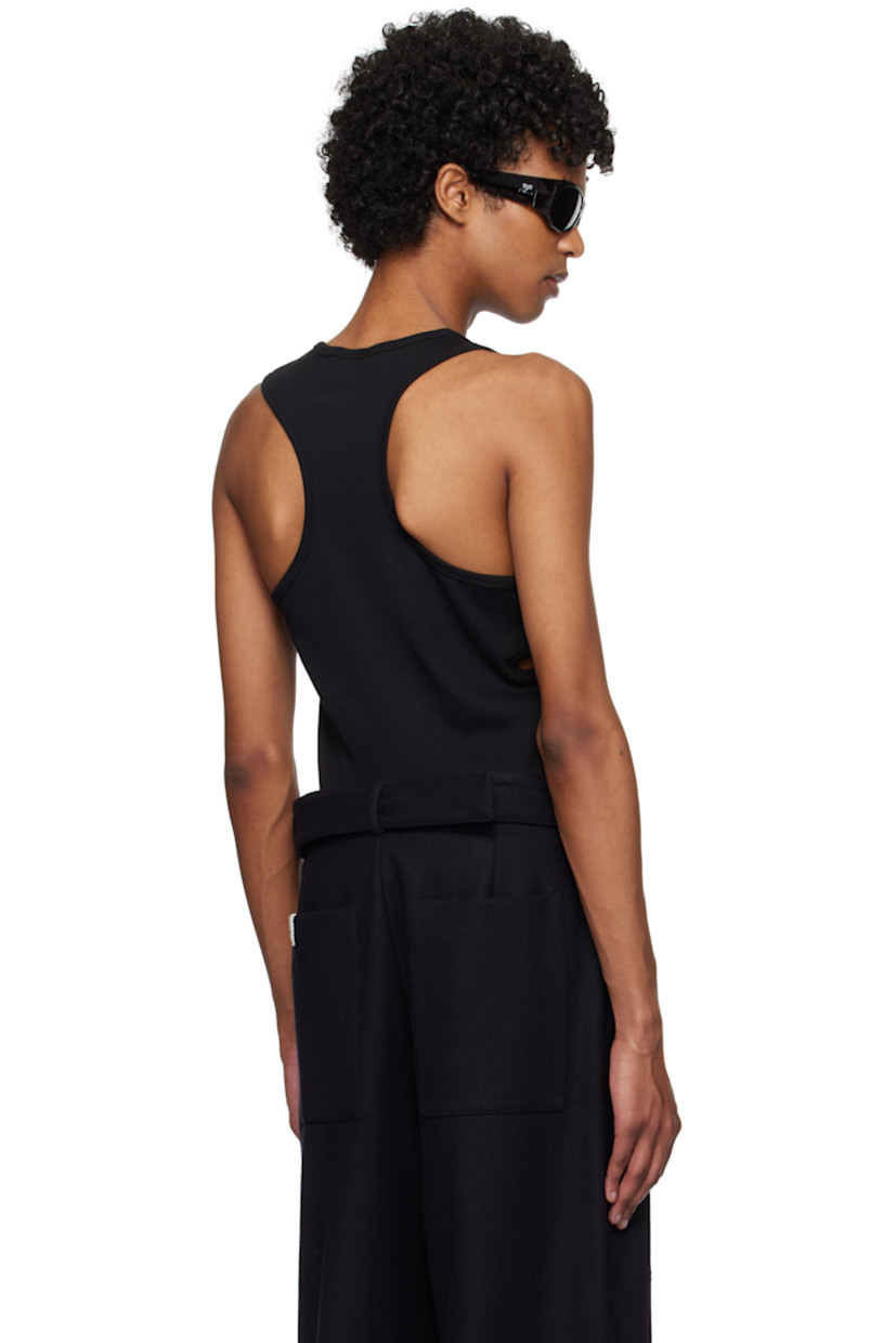 Rib-knit stretch cotton tank top.

· Scoop neck
· Logo embroidered at chest
· Button fastening at front and side
· Cutout at side
· Racerback

Supplier color: Black
