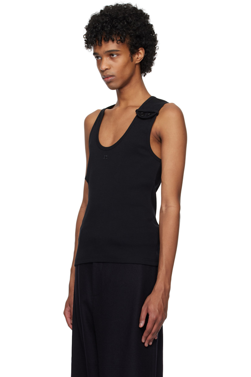 Rib-knit stretch cotton tank top.

· Scoop neck
· Logo embroidered at chest
· Button fastening at front and side
· Cutout at side
· Racerback

Supplier color: Black