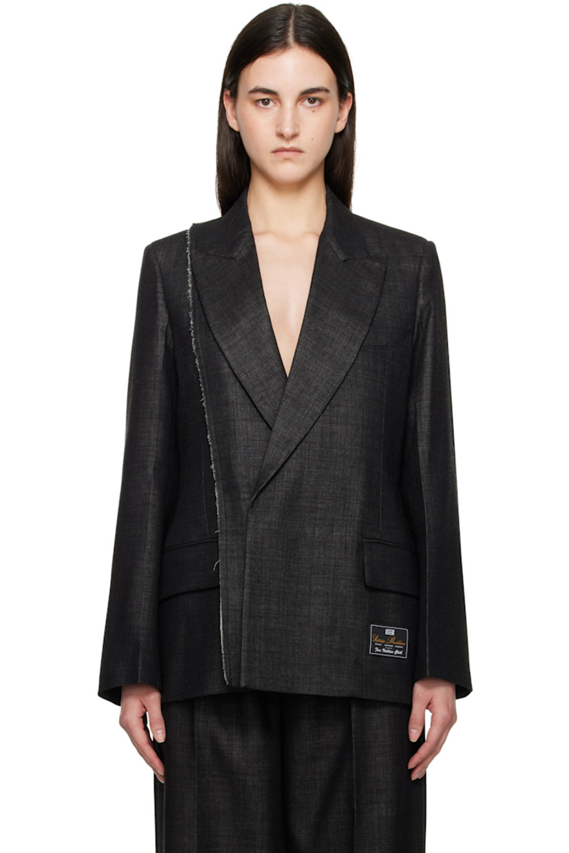 Virgin wool-blend delaine blazer. Raw edges throughout.

· Peaked lapel
· Double-breasted button closure
· Welt pocket at chest
· Flap pockets
· Logo patch at front hem
· Padded shoulders
· Vented back hem
· Welt pocket at interior
· Full viscose satin lining

Supplier color: Black