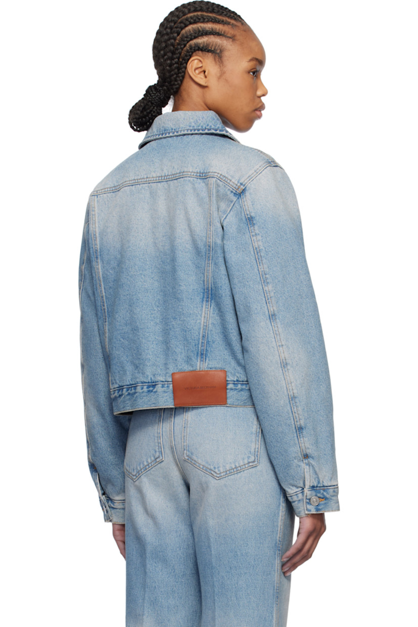 Loose-fit non-stretch denim jacket. Fading throughout. 

· Spread collar
· Flap and welt pockets
· Button closure
· Cropped hem
· Single-button cuffs
· Leather logo patch at back hem
· Full quilted satin lining
· Logo-engraved silver-tone hardware
· Contrast stitching in beige

Supplier color: Pale blue wash