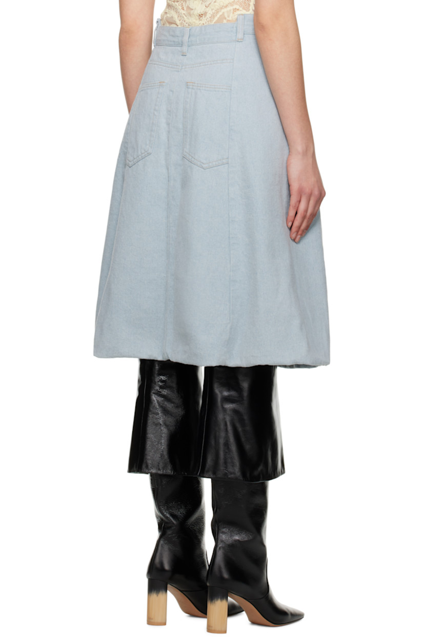 Non-stretch recycled cotton-blend denim midi skirt. Fading throughout.

· Belt loops
· Five-pocket styling
· Zip fly
· Bubble hem
· Logo patch at back waistband
· Full twill lining
· Contrast stitching in tan

Supplier color: Light azul