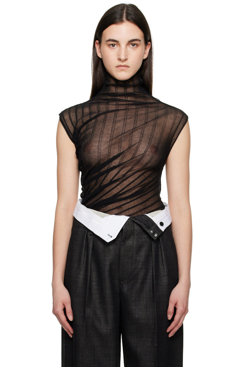 Sheer rib-knit cotton-blend tank top.

· Draped and asymmetrical construction
· Turtleneck
· Extended satin trim at hem side seam
· Logo-embroidered locker loop at back collar

Supplier color: Black