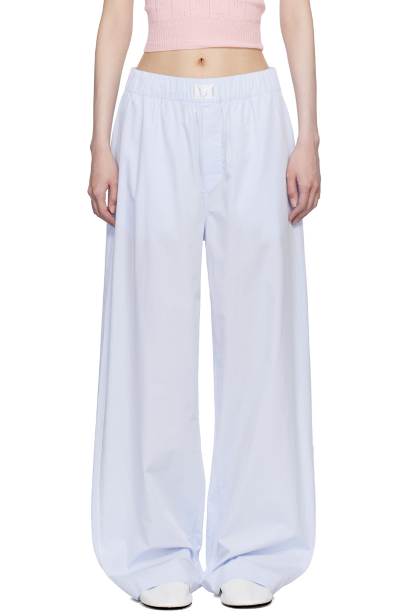 Mercerized Supima® cotton poplin pyjama pants. Jacquard polka-dot pattern throughout.

· 300 thread count
· Concealed drawstring at elasticized waistband
· Logo patch at waistband
· Two-pocket styling 
· Button fly 
· Vented cuffs
· Piping at outseams 

Supplier color: Light blue dots
